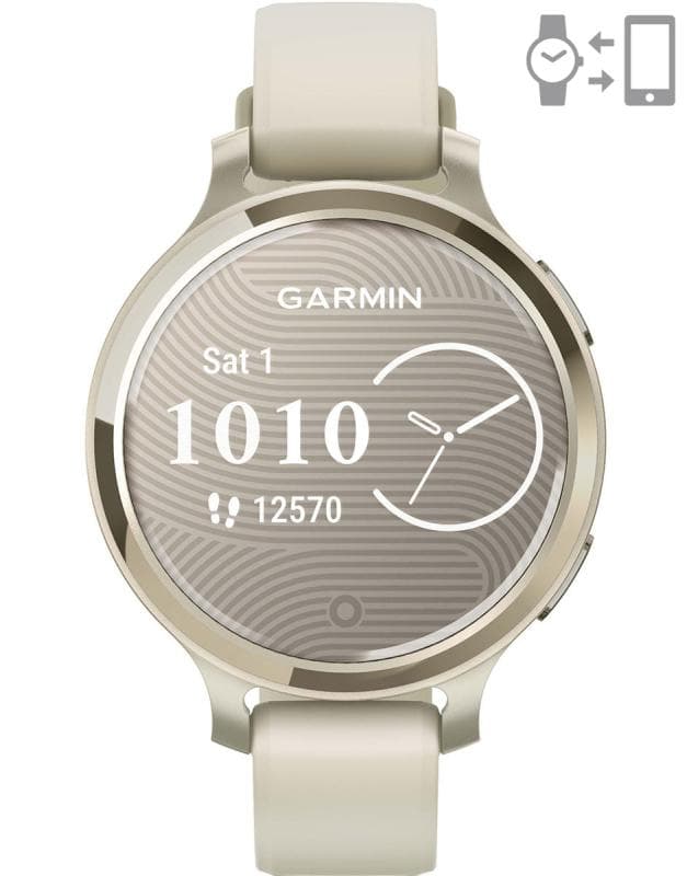 Ceas Garmin Lily 2 Active, display AMOLED, dimensiune afisaj 25,4 mm x 21,3 mm, rezolutie afisaj 240 x 201 pixeli, memorie 8GB, autonomie pana la 9 zile, rezistanta la apa pana la 5 ATM, greutate: 24,4g, ramă MLunar Glod şi curea Bone din silicon