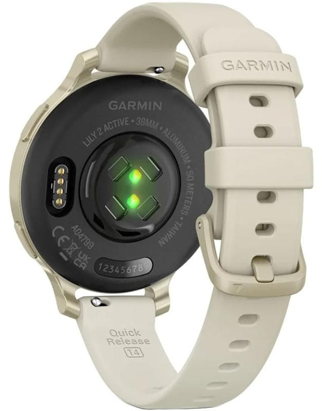 Ceas Garmin Lily 2 Active, display AMOLED, dimensiune afisaj 25,4 mm x 21,3 mm, rezolutie afisaj 240 x 201 pixeli, memorie 8GB, autonomie pana la 9 zile, rezistanta la apa pana la 5 ATM, greutate: 24,4g, ramă MLunar Glod şi curea Bone din silicon