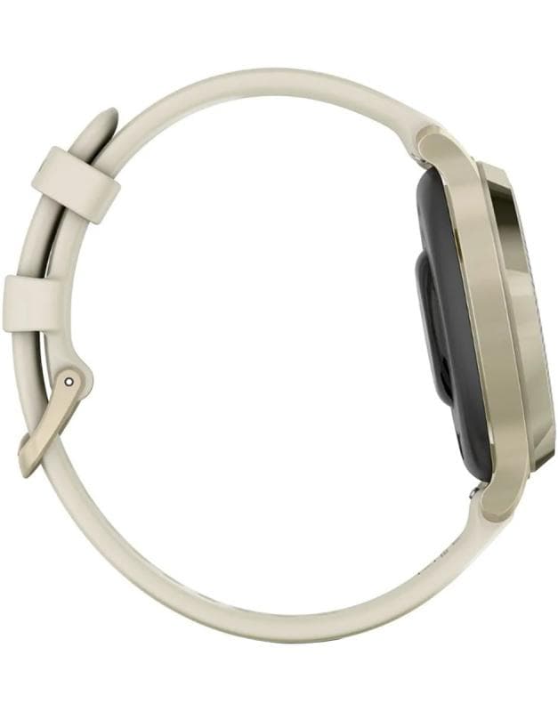 Ceas Garmin Lily 2 Active, display AMOLED, dimensiune afisaj 25,4 mm x 21,3 mm, rezolutie afisaj 240 x 201 pixeli, memorie 8GB, autonomie pana la 9 zile, rezistanta la apa pana la 5 ATM, greutate: 24,4g, ramă MLunar Glod şi curea Bone din silicon