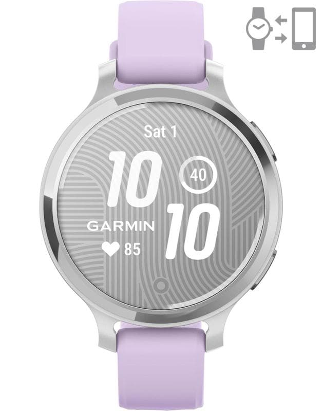 Ceas Garmin Lily 2 Active, display AMOLED, dimensiune afisaj 25,4 mm x 21,3 mm, rezolutie afisaj 240 x 201 pixeli, memorie 8GB, autonomie pana la 9 zile, rezistanta la apa pana la 5 ATM, greutate: 24,4g, ramă Argintiu, şi curea Purple Jasmine din silicon