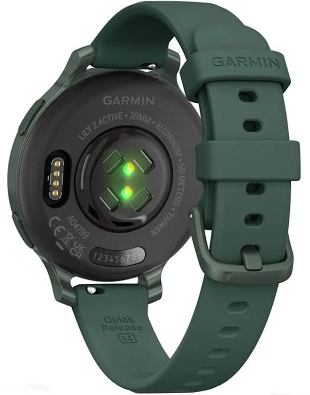 Ceas Garmin Lily 2 Active, display AMOLED, dimensiune afisaj 25,4 mm x 21,3 mm,rezolutie afisaj 240 x 201 pixeli, memorie 8GB, autonomie pana la 9 zile, rezistanta la apa pana la 5 ATM, greutate: 24,4g, ramă Jasper Green şi curea Jasper Green din silicon