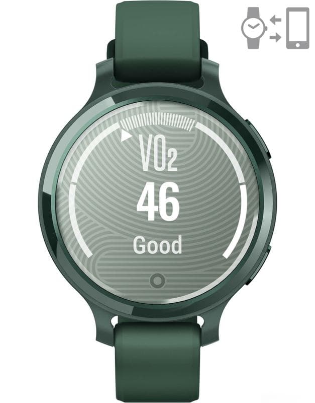 Ceas Garmin Lily 2 Active, display AMOLED, dimensiune afisaj 25,4 mm x 21,3 mm,rezolutie afisaj 240 x 201 pixeli, memorie 8GB, autonomie pana la 9 zile, rezistanta la apa pana la 5 ATM, greutate: 24,4g, ramă Jasper Green şi curea Jasper Green din silicon