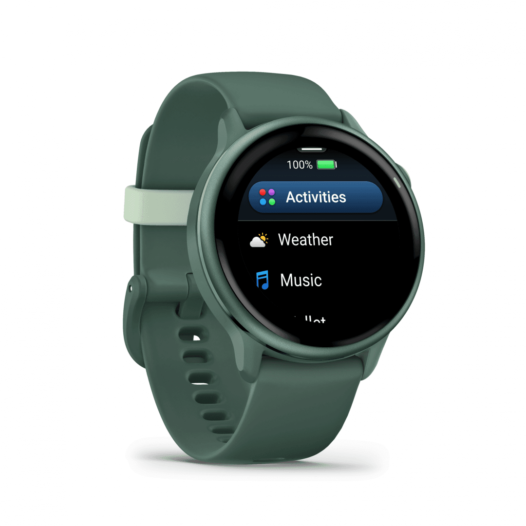 Ceas Garmin vívoactive 6 display AMOLED, dimensiune afisaj 30.4 mm, rezolutie afisaj  390 x 390 pixeli, memorie 8GB, autonomie până la 11 zile (5 zile cu afişajul permanent pornit) rezistanta la apa pana la 5 ATM, greutate: 23g, ramă Jasper Green cu curea Bone, carcasă Green Metallic şi curea din
