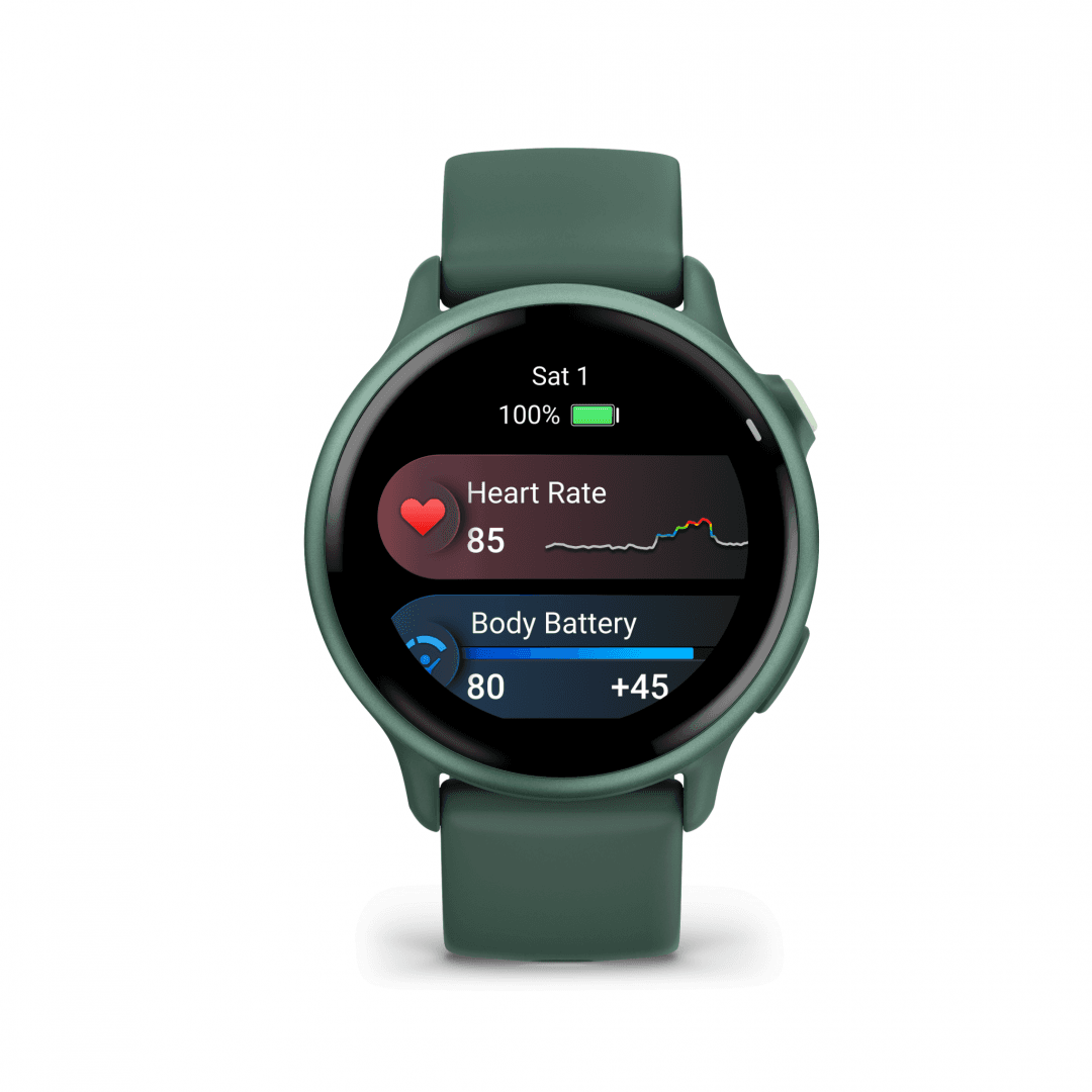 Ceas Garmin vívoactive 6 display AMOLED, dimensiune afisaj 30.4 mm, rezolutie afisaj  390 x 390 pixeli, memorie 8GB, autonomie până la 11 zile (5 zile cu afişajul permanent pornit) rezistanta la apa pana la 5 ATM, greutate: 23g, ramă Jasper Green cu curea Bone, carcasă Green Metallic şi curea din