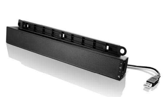 Lenovo USB Soundbar, Compatible with most Lenovo ThinkVision monitors Dual Speaker support with 1.25+1.25 total watts of output Audio volume controlled directly from the soundbar, Volume+ / volume- / mute button, Audio is linked to PC audio control, Integrated cable lock slot, Product Weight: 315 g