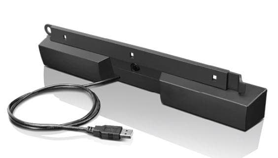 Lenovo USB Soundbar, Compatible with most Lenovo ThinkVision monitors Dual Speaker support with 1.25+1.25 total watts of output Audio volume controlled directly from the soundbar, Volume+ / volume- / mute button, Audio is linked to PC audio control, Integrated cable lock slot, Product Weight: 315 g