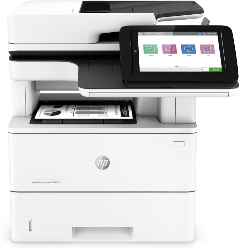 HP LaserJet Enterprise MFP M528dn. Print technology: Laser, Printing: Mono printing, Maximum resolution: 1200 x 1200 DPI. Copying: Colour copying, Maximum copy resolution: 600 x 600 DPI. Scanning: Colour scanning, Optical scanning resolution: 600 x 600 DPI. Faxing: Mono faxing. Duplex functions