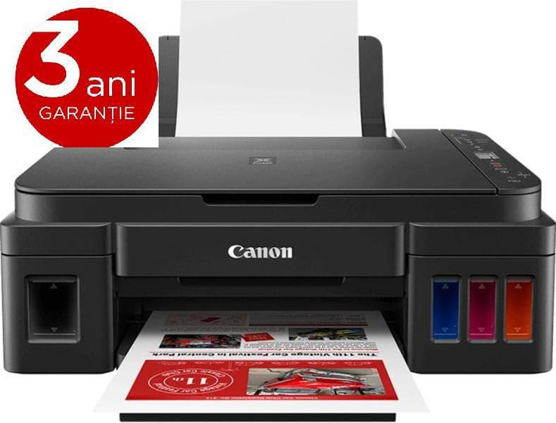 Multifunctional inkjet color CISS Canon G3410, dimensiune A4 (Printare, Copiere, Scanare), viteza 8,8ipm alb-negru, 5ipm color, rezolutie printare 4800x1200 dpi, imprimare fara margini, alimentare hartie 100 coli, scanner CIS rezolutie 600x1200 dpi, copiere multipla 21 copii, copiere fara margini