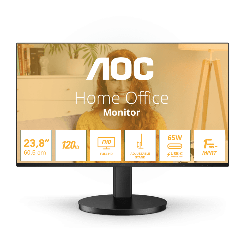 Monitor AOC 23.8" 24B3CF2, Diagonal (inch): 23.8, Diagonal (cm): 60, Aspect ratio: 16:9, Panel: IPS, Resolution: 1920x1080, Refresh Rate: 120Hz, Response time GtG: 4ms, Response time MPRT: 1ms, Brightness (max): 300 cd/m², Contrast (static) : 1500:1, Contrast (dynamic): 20M:1, Viewing angle