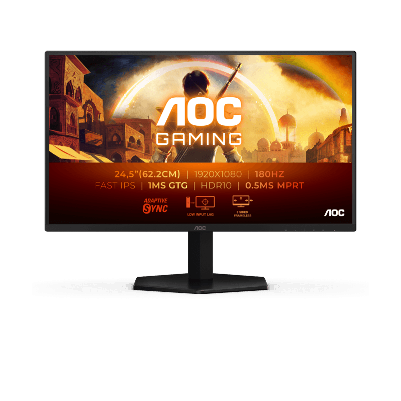 Monitor AOC 24.5" 25G42E, Diagonal (inch): 24.5, Diagonal (cm): 62, Aspect ratio: 16:9, Panel: IPS, Resolution: 1920x1080, Refresh Rate: 180Hz, Response time GtG: 1ms, Response time MPRT: 0.5ms, Brightness (max): 300 cd/m², Contrast (static) : 1000:1, Contrast (dynamic): 80M:1, Viewing angle