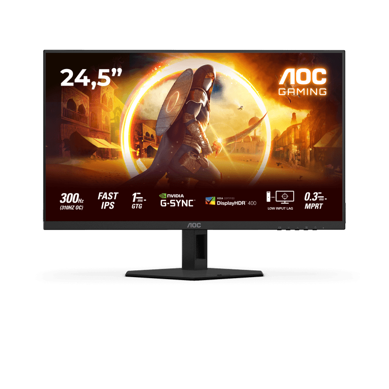 Monitor AOC 24.5" 25G4SRE, Diagonal (inch): 24.5, Diagonal (cm): 62, Aspect ratio: 16:9, Panel: Fast IPS, Resolution: 1920x1080, Refresh Rate: 300Hz, Response time GtG: 1ms, Response time MPRT: 0.3ms, Brightness (max): 400 cd/m², Contrast (static) : 1000:1, Contrast (dynamic): 80M:1, Viewing angle