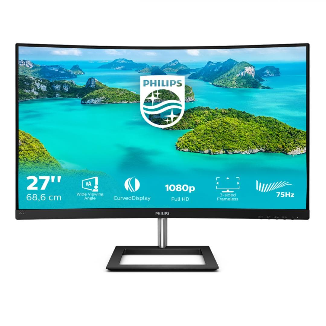 Monitor 27" Philips 272E1CA, Curbat 1500R, FHD 1920*1080, 75 Hz, 4 ms ,VA, 16:9, 250 cd/ mp, 3000:1, Mega Infinity DCR, Anti-Glare, 3H, Haze25%, WLED, 178/178, Low Blue Mode, FreeSync, VGA, HDMI, PC audio-in,Headphone out, boxe 2*3W, 3-sided frameless, cablu HDMI inclus, VESA100x100, culoare negru