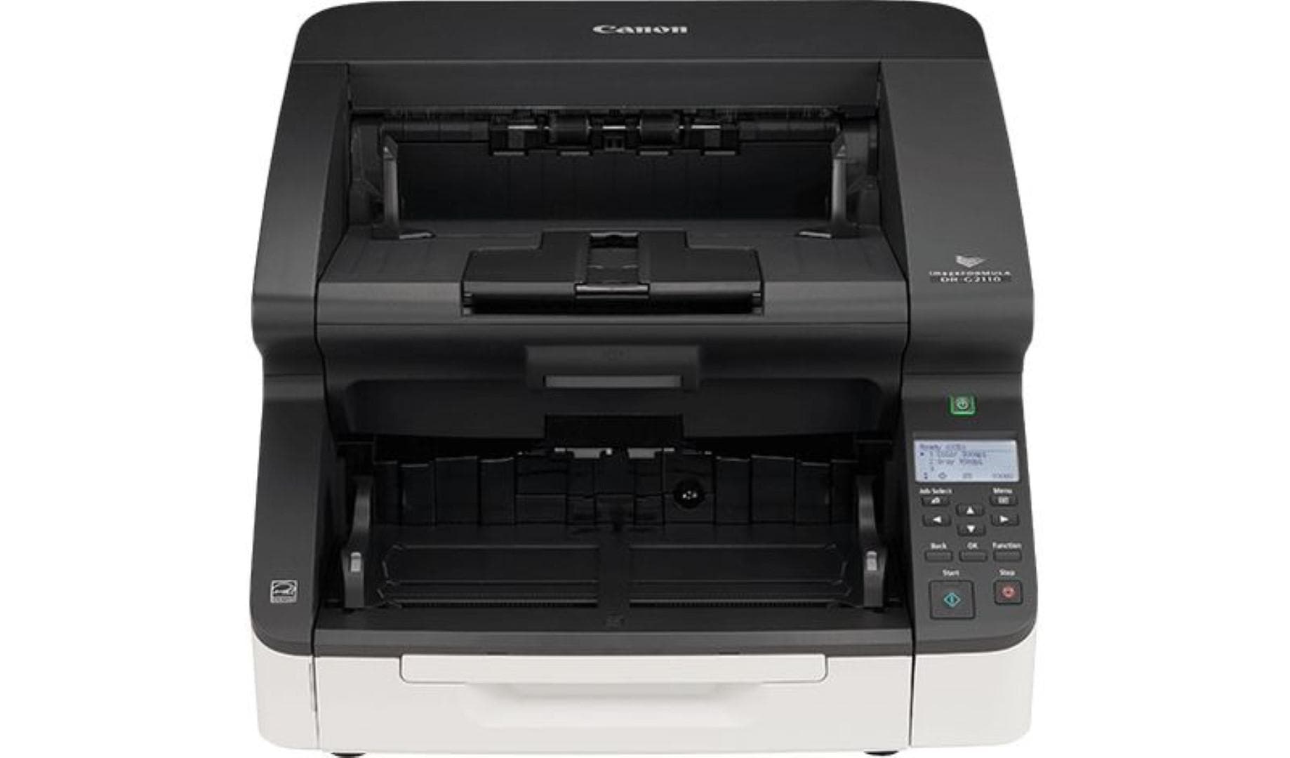 Scanner Canon DR-G2110, dimensiune A3, tip sheetfed, viteza scanare: 110ppm alb-negru si color, duplex, omitere pagini goale, rezolutie optica 600dpi, rezolutie hardware 600x600dpi, ADF 500 coli, senzor CIS, software: Driver ISIS, driver TWAIN (32/64 de biţi), driver WIA, driver Kofax VRS