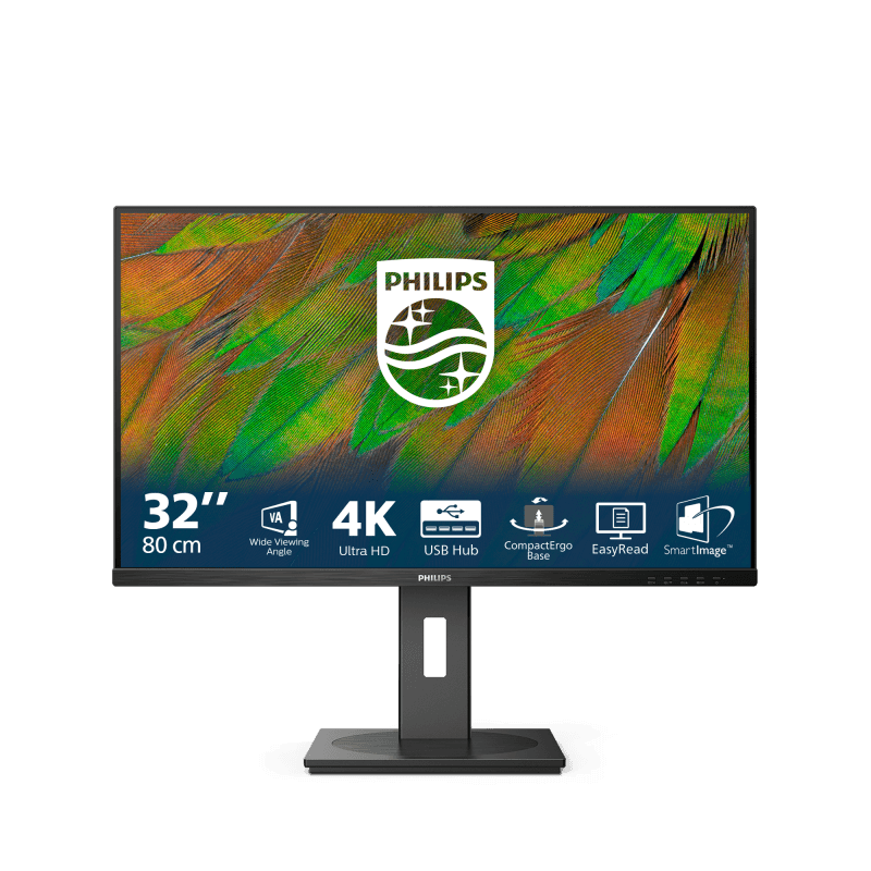 Monitor Philips 31.5" 32B1N3800/00, Diagonal (inch): 31.5, Diagonal (cm): 80, Aspect ratio: 16:9, Panel: LCD VA, Resolution: 3840x2160, Refresh Rate: 60Hz, Response time GtG: 4ms, Brightness (max): 350 cd/m², Contrast (static) : 3500:1, Contrast (dynamic): 50M:1, Viewing angle: 178/178, Color Gamut