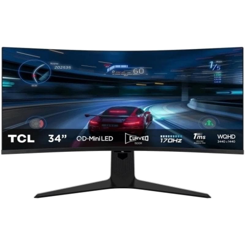 Monitor TCL 34" 34R83Q, Curvature: 1500R, Diagonal (inch): 34, Diagonal (cm): 86, Aspect ratio: 21:9, Panel: QD-Mini LED, Resolution: 3440x1440, Refresh Rate: 170Hz, Response time GtG: 1ms, Brightness (max): 1600 cd/m², Contrast (static) : 4000:1, Viewing angle: 178/178, Color Gamut Type: DCI-P3