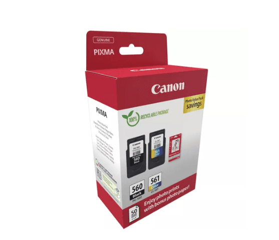Canon pachet cartuse cearneala PG-560/CL561 PHOTO VALUE PACK, capacitate negru: 180 pagini/8.3ml, Color: 180 pagini / 7.5ml, Compatibil cu: PIXMA TS5253, PIXMA TS5350, PIXMA TS5351, PIXMA TS5352, Bonus 50 coli hartie foto 10 x 15cm.