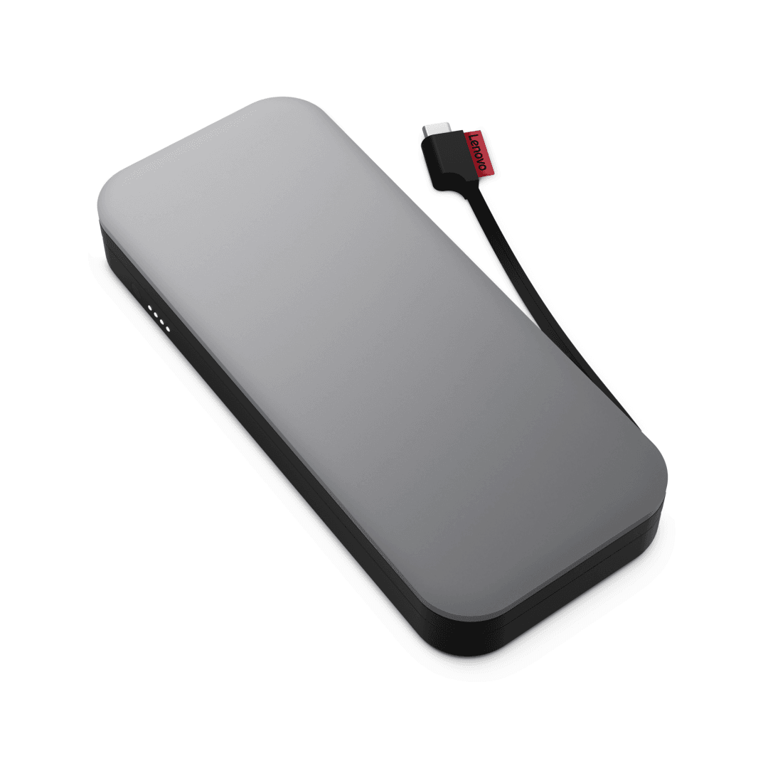 Lenovo Go USB-C Laptop Power Bank, 20,000mAh capacity, 65W max. output, Dual USB-C connection, 1 x USB-C port + 1 x USB-C integrated cable, USB- C charging support power-in and power-out, 1 x USB-A fast charging up to 18W, Fast charge with any USB-C adapter, fully charged in 3 hours, Simultaneously