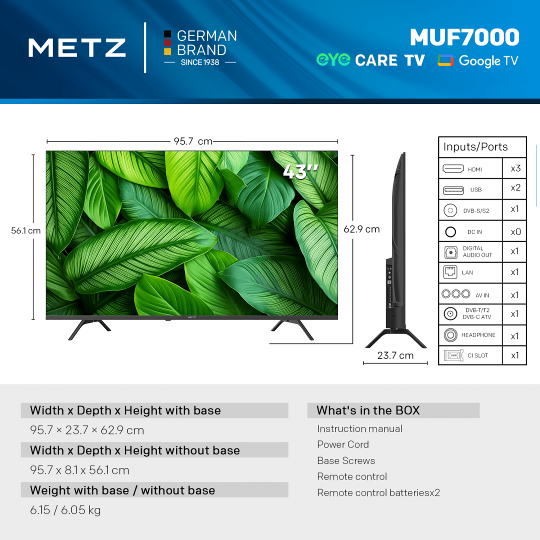 Televizor METZ LED 43MUF7000Z, 109 cm, Smart Google TV, 4K, Clasa F