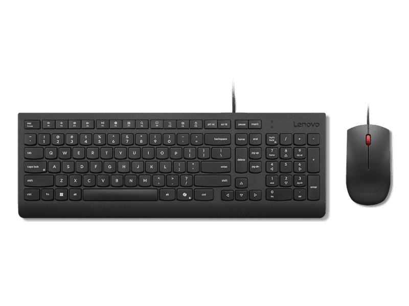 Lenovo Essential Wired Combo Black US Euro. Keyboard form factor: Full-size (100%), Connectivity technology: Wired, Device interface: USB. Cable length: 1.8 m. Recommended usage: Universal. Product colour: Black. Mouse included