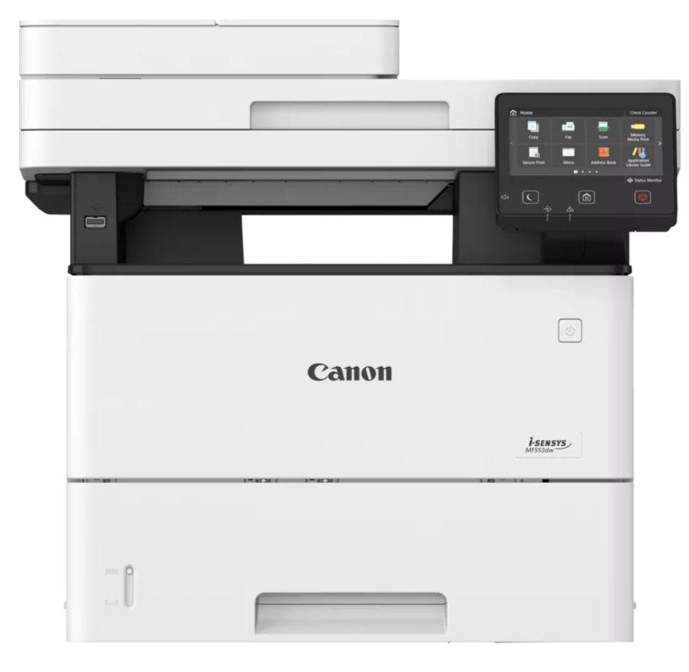 Canon MF553DW, Multifunctional laser mono dimensiune A4, viteza printare 43 ppm, Print,Copy,Scan,Fax,  Duplex, rezolutie: 1200 x 1200 dpi, FPO: 5.7 sec, Procesor 800Mhz x 2, Memorie RAM 1GB, Limbaje de printare: UFRII, PCL 5e2, PCL6, Adobe® PostScript3, Viteza copiere: 43ppm, rezolutie: 600 x