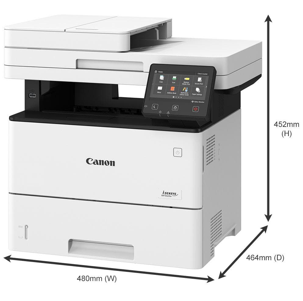 Canon MF552DW, Multifunctional laser mono dimensiune A4, viteza printare 43 ppm, Print,Copy,Scan,  Duplex, rezolutie: 1200 x 1200 dpi, FPO: 5.7 sec, Procesor 2 x 800Mhz, Memorie RAM 1GB, Limbaje de printare: UFRII, PCL 5e2, PCL6, Adobe® PostScript3, Viteza copiere: 43ppm, rezolutie: 600 x 600dpi