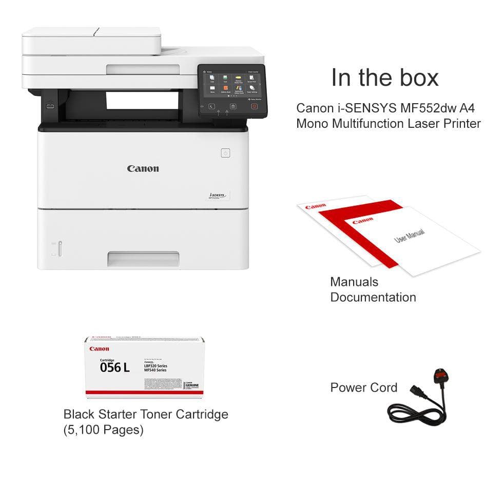Canon MF552DW, Multifunctional laser mono dimensiune A4, viteza printare 43 ppm, Print,Copy,Scan,  Duplex, rezolutie: 1200 x 1200 dpi, FPO: 5.7 sec, Procesor 2 x 800Mhz, Memorie RAM 1GB, Limbaje de printare: UFRII, PCL 5e2, PCL6, Adobe® PostScript3, Viteza copiere: 43ppm, rezolutie: 600 x 600dpi