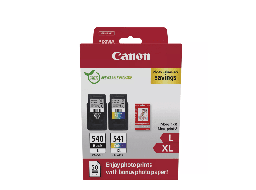 Canon pachet cartuse cearneala PG-540L/CL-541XL Photo value pack, capacitate negru: 300 pagini/11ml, Color: 400 pagini / 15ml, Compatibil cu: PIXMA GM2050, PIXMA MG2140, PIXMA MG2150, PIXMA MG2155, PIXMA MG2250, PIXMA MG3140, PIXMA MG3150, PIXMA MG3250, PIXMA MG3550, PIXMA MG3650, PIXMA MG3650S