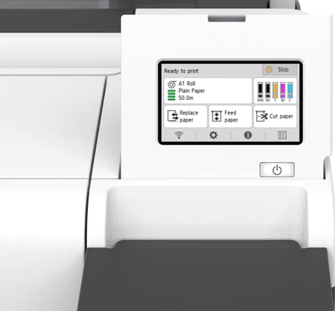 Plotter Canon imagePROGRAF TM-255 + HDD 500GB, 24"(610mm), format A1, 5 culori, rezolutie max 2400x1200dpi, memorie 2GB, limbaje de imprimare: HP-GL/2, HP RTL, PDF (Ver. 1.7), JPEG (Ver. JFIF 1.02), CALS G4 (submission via FTP only), display LCD 4.3", interfata: USB 2.0, Ethernet,WIFI consumabile