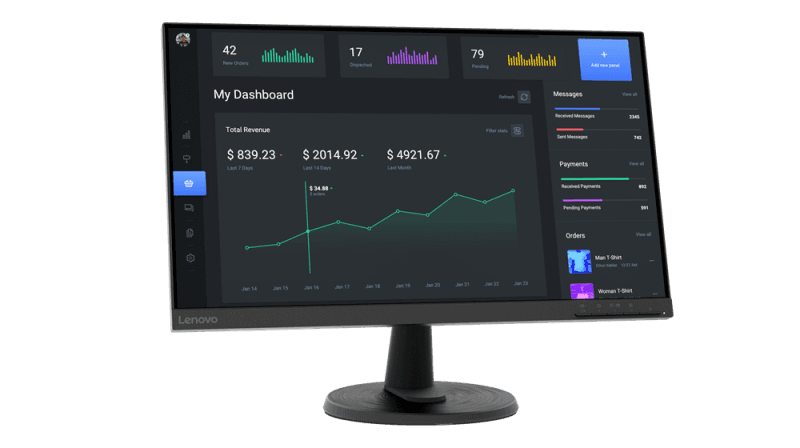 Monitor Lenovo C24-40 Monitor; 23.8"VA, FHD (1920x1080), 16:9, Brightness: 250 cd/m², Contrast ratio: 3000:1, Response time: 7ms (Level 1) / 6ms (Level 2) / 5ms (Level 3) / 4ms (Level 4) / 19ms (Off mode), Dot / Pixel Per Inch: 92 dpi, Color Gamut: 72% NTSC, View angle: 178° / 178°, Stand: Tilt