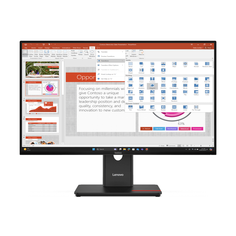 Monitor  Lenovo ThinkVision T27-40; 27"IPS, FHD (1920x1080), 16:9, Brightness: 300 cd/m², Contrast ratio: 1500:1, Response time: 4ms GtG (Extreme mode) / 6ms GtG (Typical mode), Dot / Pixel Per Inch: 82 dpi, Color Gamut: 99% sRGB, 99% BT.709, View angle: 178° / 178°, Stand: Tilt, Swivel, Pivot