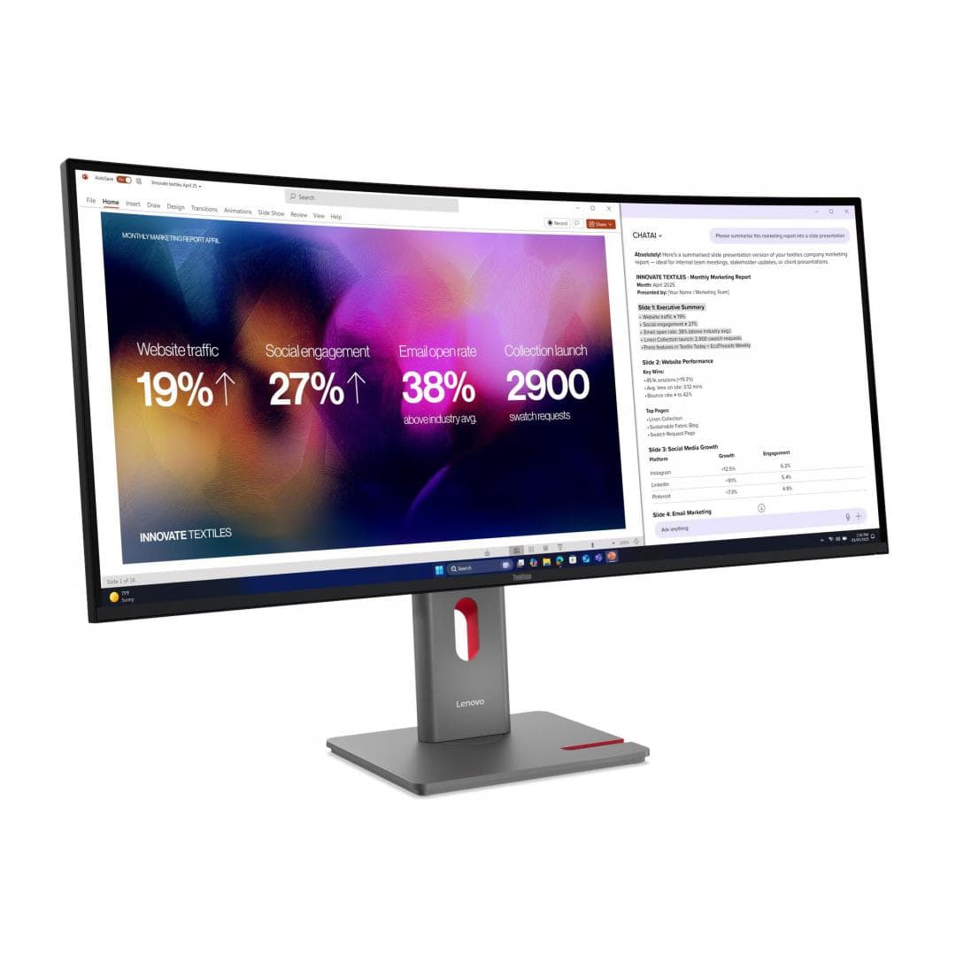 Monitor  LenovoThinkVision P40WD-40 Monitor; 39.7"IPS, WUHD (5120x2160), 21:9, Brightness: 400 cd/m², Contrast ratio: 2000:1, Response time: 4ms GtG (Extreme mode) / 6ms GtG (Typical mode), Dot / Pixel Per Inch: 140 dpi, Color Gamut: 99% sRGB, 98% DCI-P3, 99% BT.709, View angle: 178° / 178°, Stand