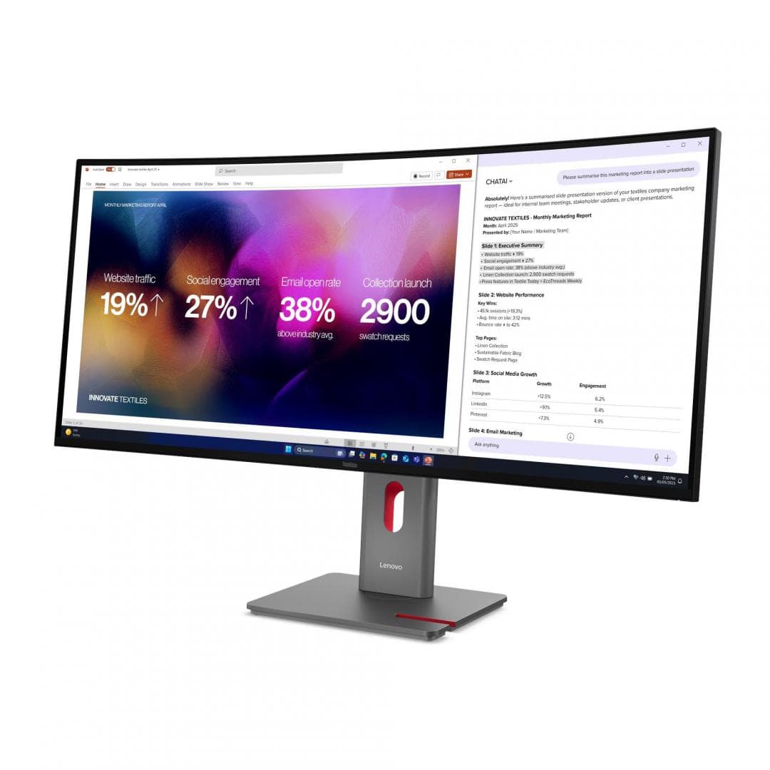 Monitor  LenovoThinkVision P40WD-40 Monitor; 39.7"IPS, WUHD (5120x2160), 21:9, Brightness: 400 cd/m², Contrast ratio: 2000:1, Response time: 4ms GtG (Extreme mode) / 6ms GtG (Typical mode), Dot / Pixel Per Inch: 140 dpi, Color Gamut: 99% sRGB, 98% DCI-P3, 99% BT.709, View angle: 178° / 178°, Stand