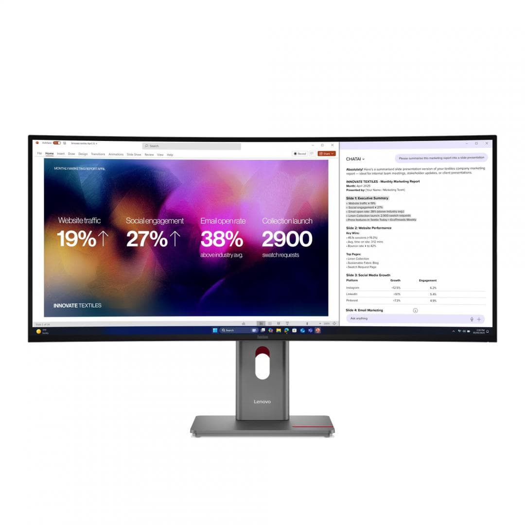 Monitor  LenovoThinkVision P40WD-40 Monitor; 39.7"IPS, WUHD (5120x2160), 21:9, Brightness: 400 cd/m², Contrast ratio: 2000:1, Response time: 4ms GtG (Extreme mode) / 6ms GtG (Typical mode), Dot / Pixel Per Inch: 140 dpi, Color Gamut: 99% sRGB, 98% DCI-P3, 99% BT.709, View angle: 178° / 178°, Stand