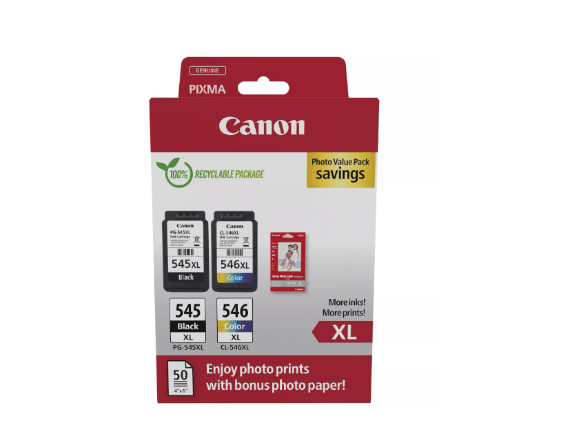 Canon pachet cartuse cearneala PG-545XL/CL-546XL Photo value pack, capacitate negru: 400 pagini/13ml, Color: 300 pagini / 15ml, Compatibil cu: PIXMA 2550S, PIXMA IP2850, PIXMA MG2450, PIXMA MG2550, PIXMA MG2950, PIXMA MG3050, PIXMA MG3051, PIXMA MG3052, PIXMA MG3053, PIXMA MX495, PIXMA TR4550, PIXMA