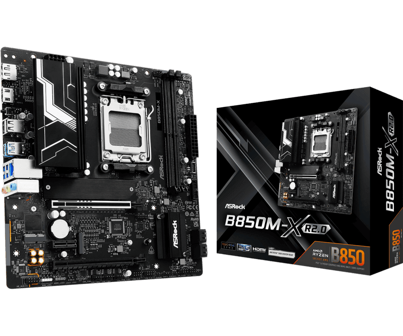 Asrock B850M-X R2.0. Processor manufacturer: AMD, Processor socket: Socket AM5, Compatible processor series: AMD Ryzen 7000 Series, AMD Ryzen 8000 Series, AMD Ryzen 9000 Series. Supported memory types: DDR5-SDRAM, Maximum internal memory: 128 GB, Memory slots type: DIMM. Supported storage drive