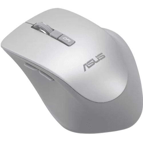 Mouse wireless ASUS WT425 (PN 90XB0280-BMU0L0), culoare Silver, rezoluţie 1000/1600 dpi comutabil, conectivitate RF 2.4GHz cu dongle USB, ergonomie pentru mâna dreaptă, clicuri silenţioase, dimensiuni 106 ,84×74,73×39,13 mm, greutate 82 g (cu baterie), alimentare 1× baterie AA, compatibil Windows