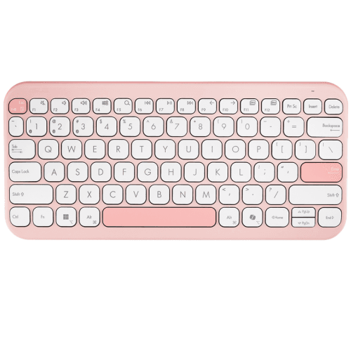 Tastatură wireless ASUS Marshmallow KW100, Bluetooth 5.0, multi-device (3 dispozitive), scissor keys cursă 1,6 mm, 2 niveluri kickstand, 2×AAA autonomie până la ~24 luni, dimensiuni 282×130×18,4 mm, greutate 374,8 g, compatibilă Windows, ChromeOS, macOS, iOS, iPadOS