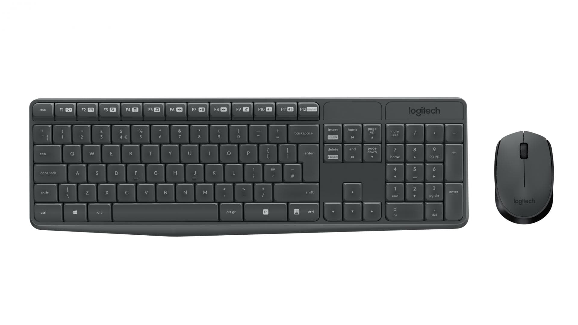 Kit Tastatura + mouse wireless Logitech MK235, interfata USB, distanta de operare pana la 10m, 100 taste, rezolutie mosue 1000 DPI, gri