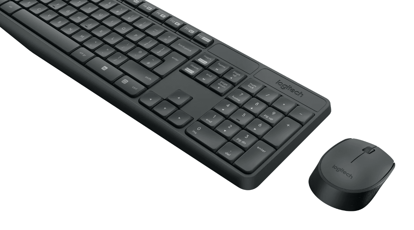 Kit Tastatura + mouse wireless Logitech MK235, interfata USB, distanta de operare pana la 10m, 100 taste, rezolutie mosue 1000 DPI, gri