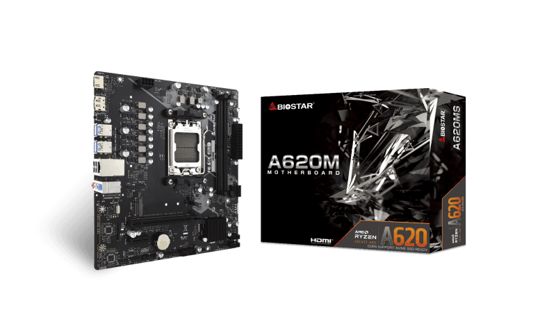 Biostar A620MS. Processor manufacturer: AMD, Processor socket: Socket AM5, Compatible processor series: AMD Ryzen 7000 Series, AMD Ryzen 8000 Series, AMD Ryzen 9000 Series. Supported memory types: DDR5-SDRAM, Maximum internal memory: 128 GB, Memory slots type: DIMM. Supported storage drive