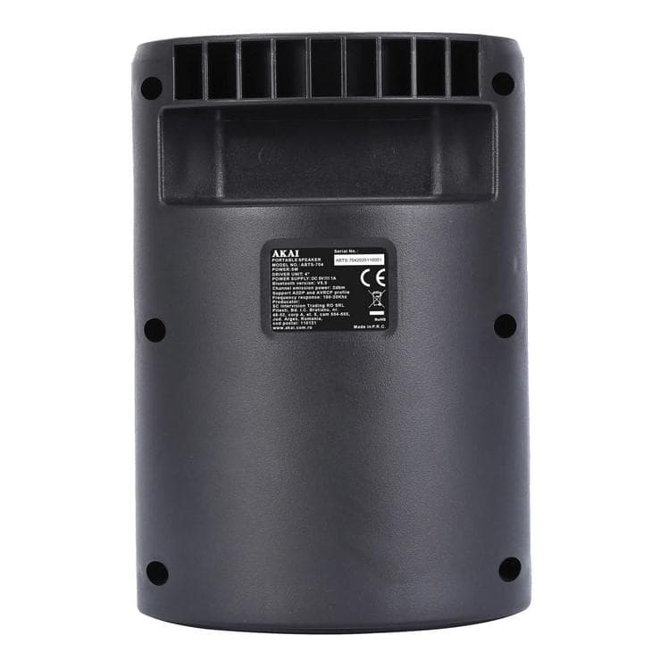 Boxa portabila Akai ABTS-704, Bluetooth 4.2, radio FM, 1x port USB pentru mp3 player, 1x slot card TF, lumini LED, baterie reincarcabila, 1x slot pentru microfon, timp de incarcare 2 ore, timp de folosire 1.5 ore la volum maxim