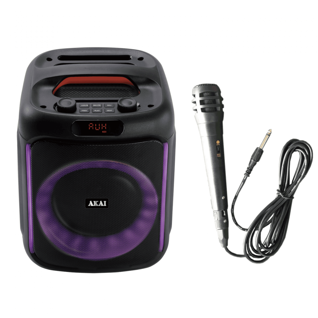 Boxa portabila Akai Bluetooth 5.0, putere RMS 50W, puterea de emisie a canalului Bluetooth 2dbm, frecvența radio FM: 87,5-108MHZ, Frecvența radio FM: 87,5-108MHZ, raspuns in frecventa 55Hz-20KHz, sursa de alimentare: 5V/1A, baterie: 7,4 V, 1500 mAh, difuzoare dimensiune 6,5 inch*1, timp de incarcare