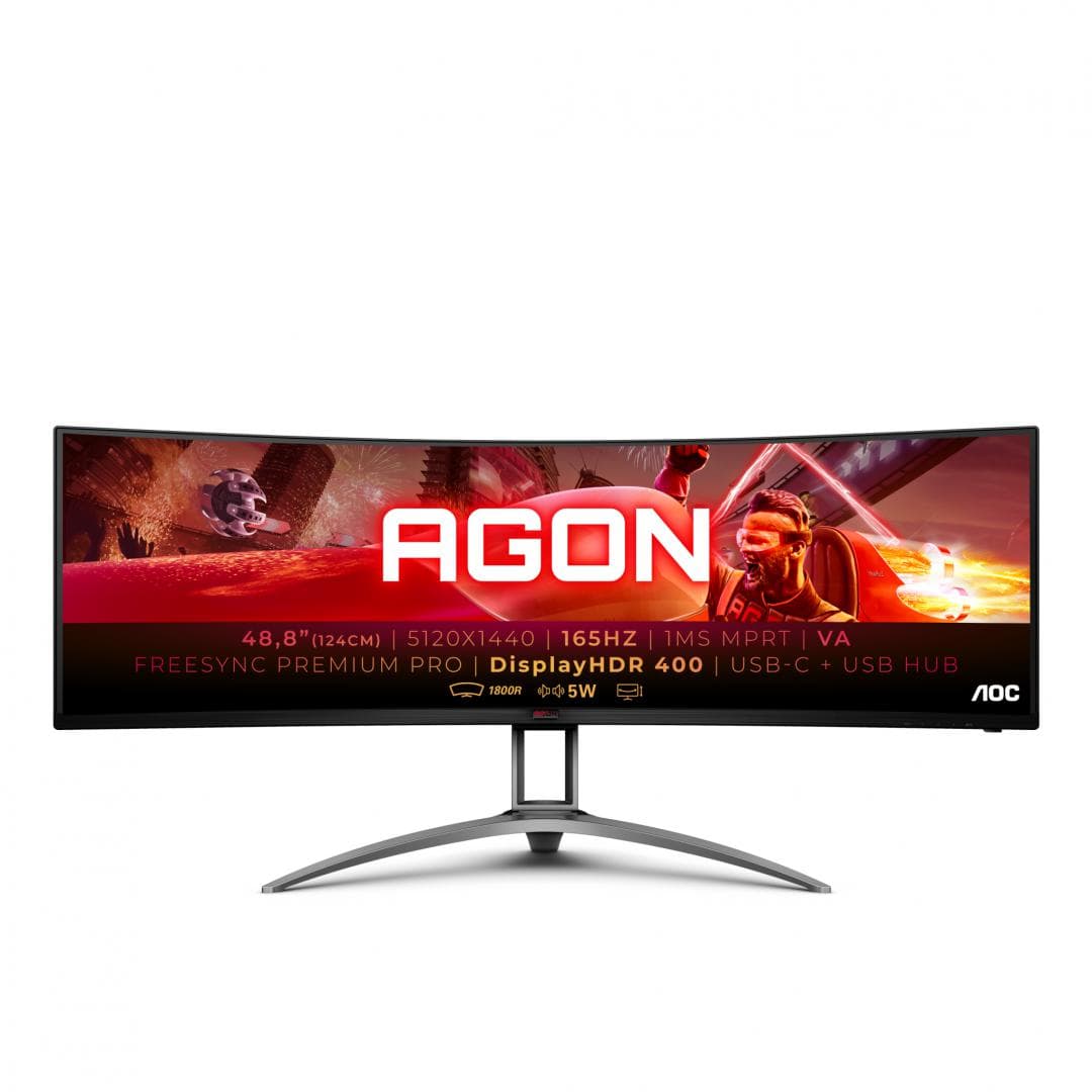 Monitor AOC 48.8" AG493UCX2, Curvature: 1800R, Diagonal (inch): 48.8, Diagonal (cm): 124, Aspect ratio: 32:9, Panel: VA, Resolution: 5120x1440, Refresh Rate: 165Hz, Response time GtG: 4ms, Response time MPRT: 1ms, Brightness (max): 400 cd/m², Contrast (static) : 3000:1, Contrast (dynamic): 80M:1