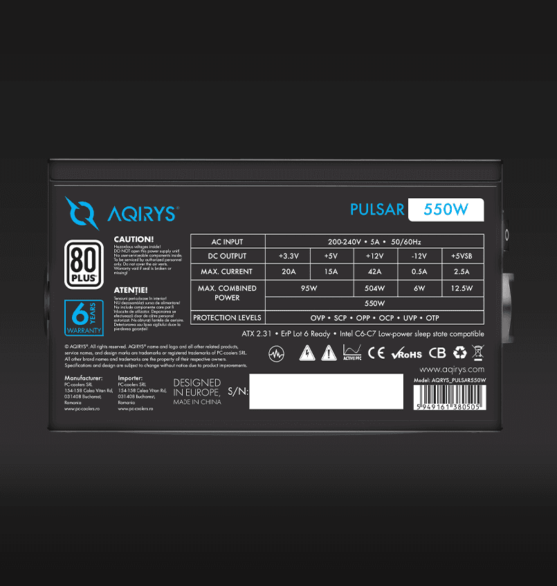 Sursa Aqirys Pulsar 550W 80+ White certified, culoare neagra