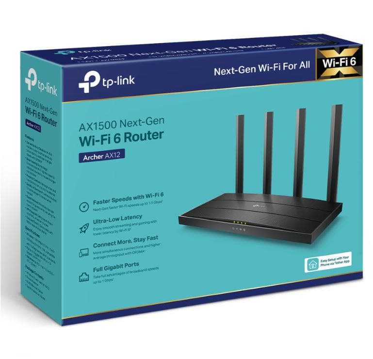 TP-LINK Wireless Router AX1500 WI-FI6, DUAL-BAND, ARCHER AX12; Standarde wireless: IEEE 802.11ax/ac/n/a 5 GHz, IEEE 802.11n/b/g 2.4 GHz, viteze wireless: 5 GHz: 1201 Mbps (802.11ax) 2.4 GHz: 300 Mbps (802.11n), 4 x antene fixe, mod router, mod access point, interfata: 1× port WAN Gigabit, 3× porturi