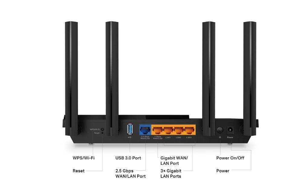TP-Link Wireless Router, ARCHER AX55 PRO ;dual band AX3000 5 GHz: 2402 Mbps (802.11ax), 2.4 GHz: 574 Mbps(802.11ax), Standard and Protocol: IEEE 802.11ax/ac/n/a 5 GHz, IEEE 802.11ax/n/b/g 2.4 GHz, 4 x Antene Externe fixe, 1× Port WAN/LAN Gigabit de 2.5, 1× Port WAN/LAN Gigabit, 3 × Porturi LAN