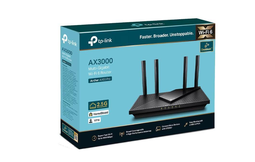 TP-Link Wireless Router, ARCHER AX55 PRO ;dual band AX3000 5 GHz: 2402 Mbps (802.11ax), 2.4 GHz: 574 Mbps(802.11ax), Standard and Protocol: IEEE 802.11ax/ac/n/a 5 GHz, IEEE 802.11ax/n/b/g 2.4 GHz, 4 x Antene Externe fixe, 1× Port WAN/LAN Gigabit de 2.5, 1× Port WAN/LAN Gigabit, 3 × Porturi LAN