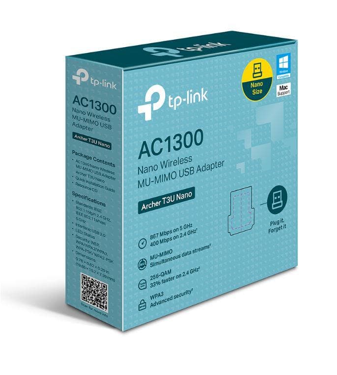 TP-link AC1300 Mini Adaptor USB Wireless MU-MIMO, ARCHER T3U Nano; USB 2.0;dimensiuni: 19.85 × 15.7 × 7.39 mm, Standarde wireless: IEEE 802.11b/g/n 2.4 GHz, IEEE 802.11a/n/ac 5 GHz, Dual-Band 2.4 GHz, 5 GHz.