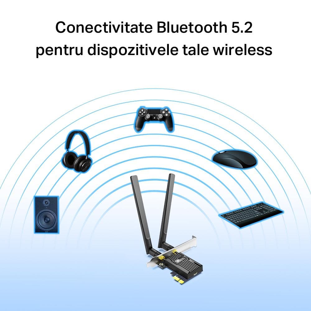 TP-Link Adaptor PCle Wi-Fi 6 AX3000 WI-FI 6 cu Bluetooth 5.2 ARCHER TX55E, 2× Antene Dual-Band High-Gain, Standarde wireless: IEEE 802.11ax/ac/n/a 5 GHz IEEE 802.11ax/n/g/b 2.4 GHz, Bluetooth 5.2/5.0/4.2/4.0, Viteza wireless: 5 GHz-Up to 2402 Mbps, 2.4Ghz-Up to 574 Mbps,