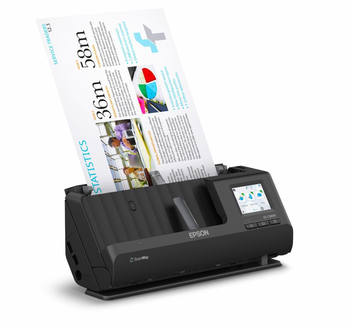 EPSON ES-C380W A4 Compact Network Sheetfed Scanner, PC-FREE scan, Rezolutie optica: 600 x 600 DPI,  Sursa lumina: ReadyScan LED technology, Viteza scanare:30ppm, Capacitate ADF: 20 coli, Volum scanare: 3500 pagini/zi, Duplex, Formate: BMP, JPEG, TIFF, multi-TIFF, PDF, searchable PDF, PDF/A, PNG